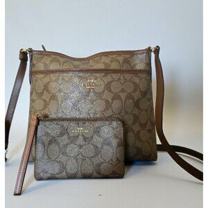 Signature Crossbody & Wristlet Set Brown Khaki Leather Trim